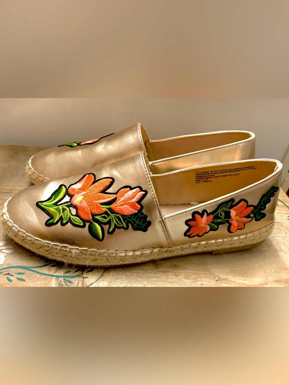 a new day Gold Espadrille Slip-Ons with Pink Floral Applique